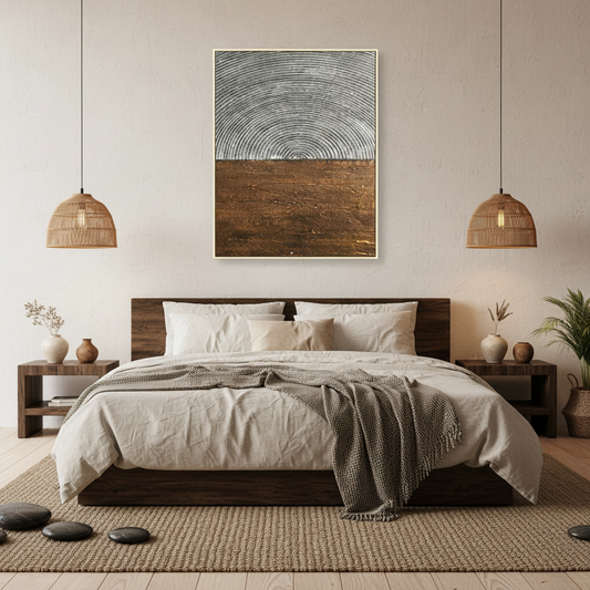 Abstract silver grey dome copper brown earth oil painting in a Japandi bedroom