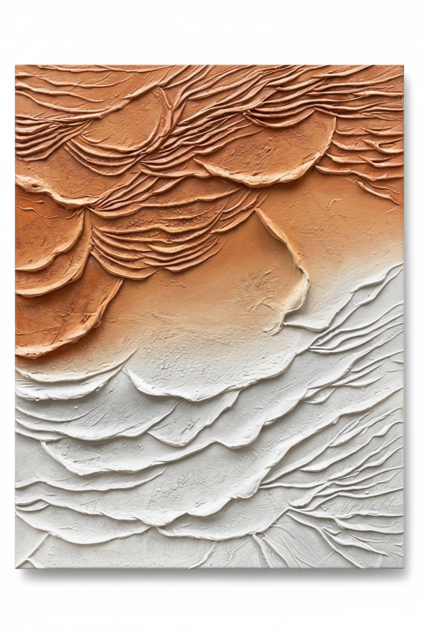 Abstract terracotta orange white cloud dune impasto oil painting no frame white background