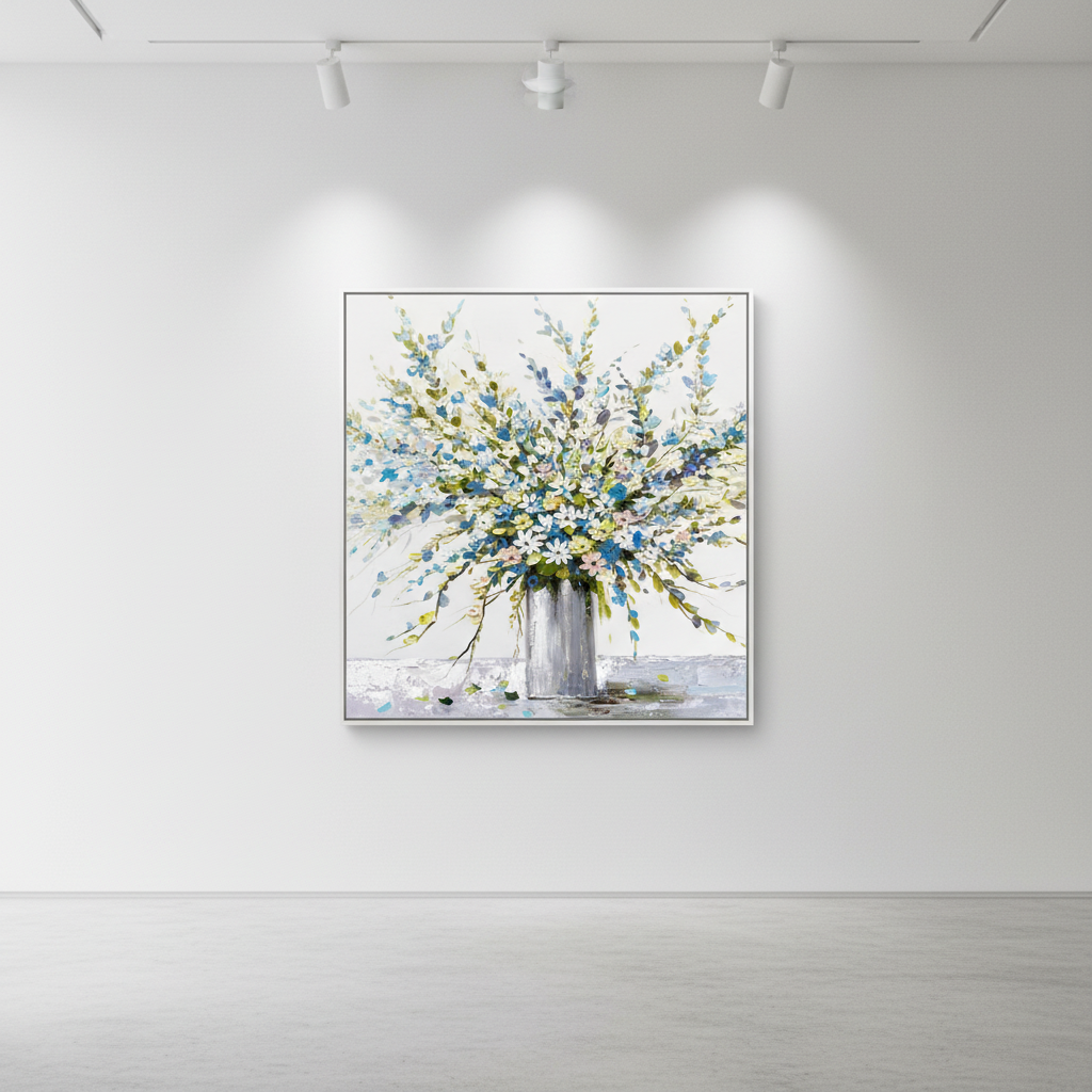 Blue white wildflower bouquet vase oil painting in an art gallery