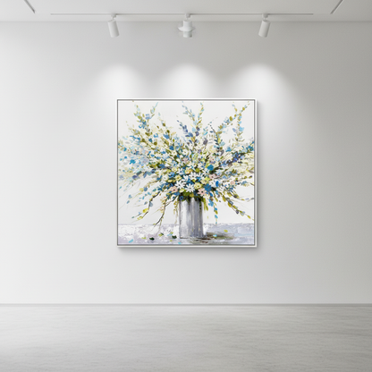 Blue white wildflower bouquet vase oil painting in an art gallery