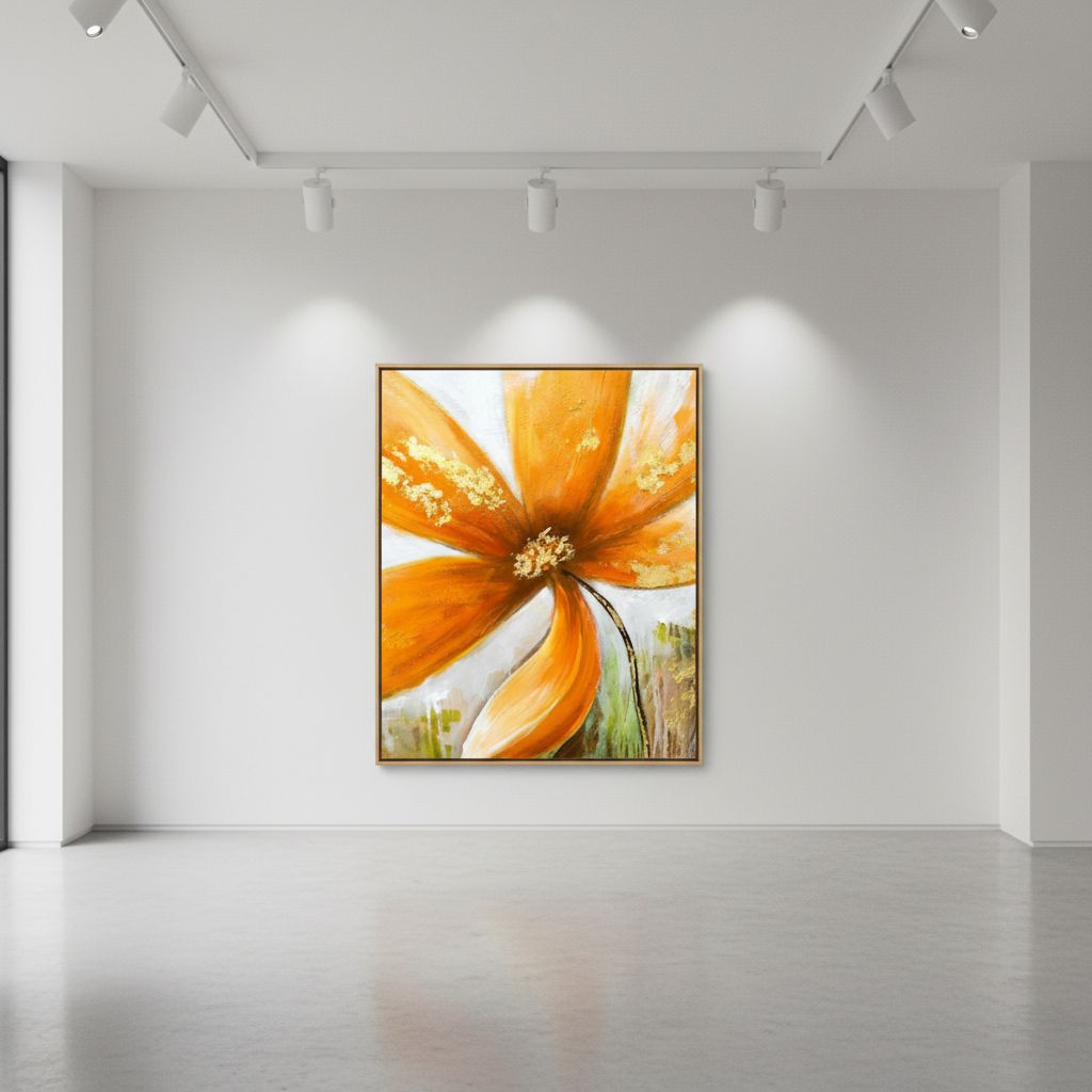 Golden orange flower gold accent oil painting in an art gallery