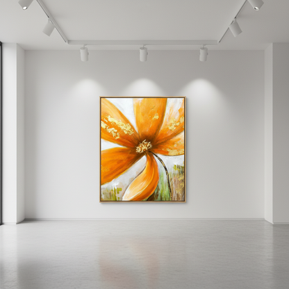Golden orange flower gold accent oil painting in an art gallery