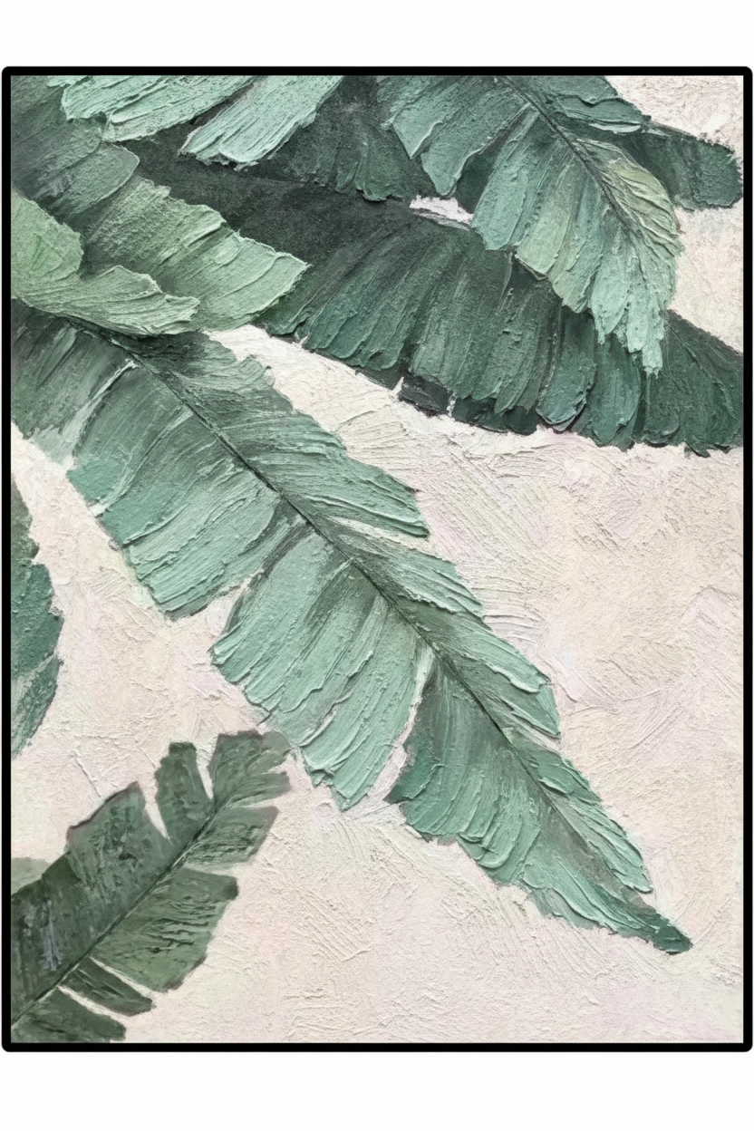 Tropical green banana palm leaf impasto oil painting no frame white background