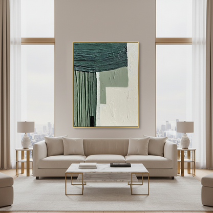 Abstract geometric green white oil painting in a luxury modern living room
