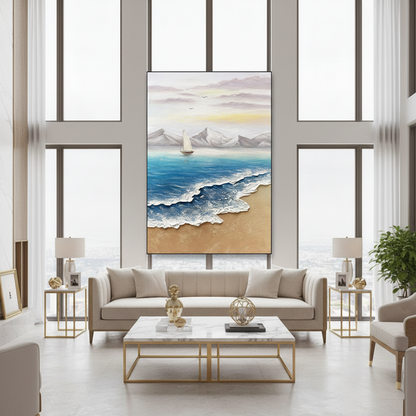 Sailboat seascape oil painting in a luxury modern living room