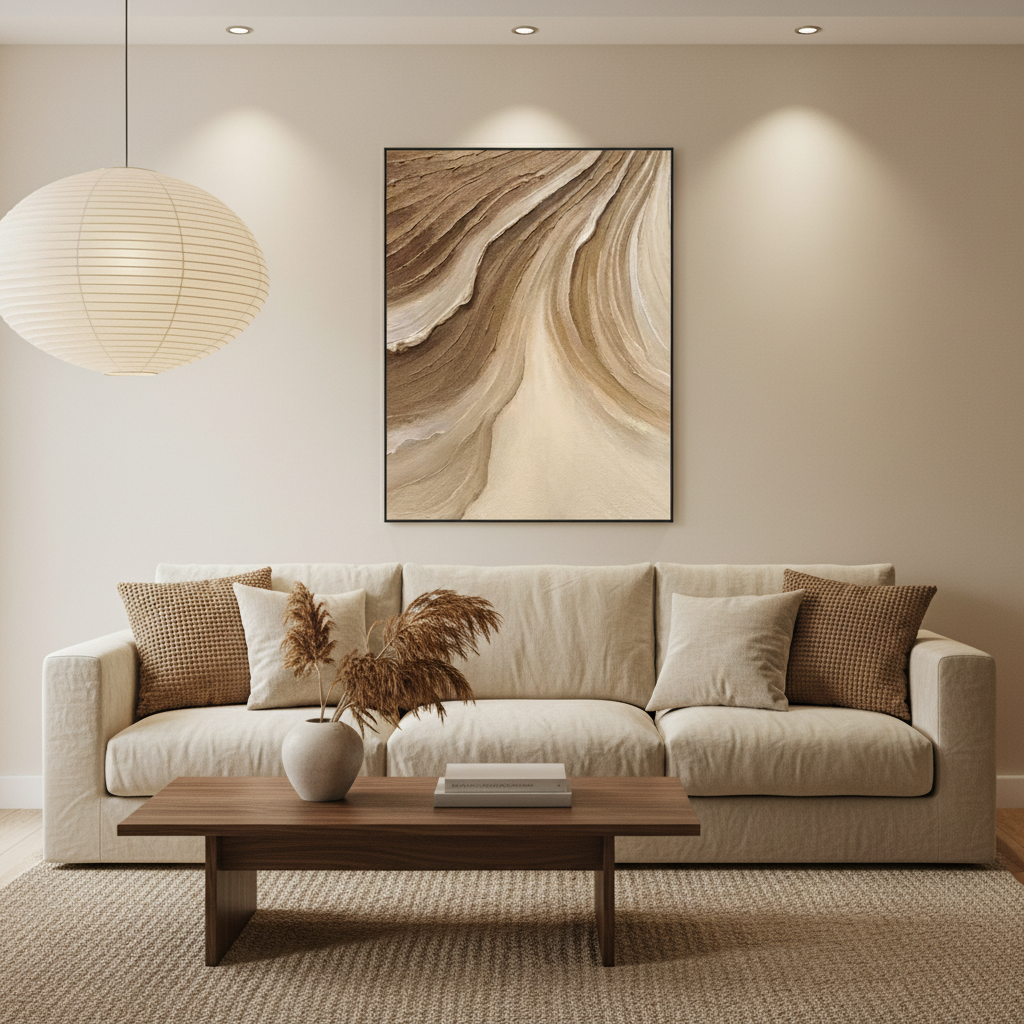 Abstract brown cream canyon strata oil painting in a warm modern living room