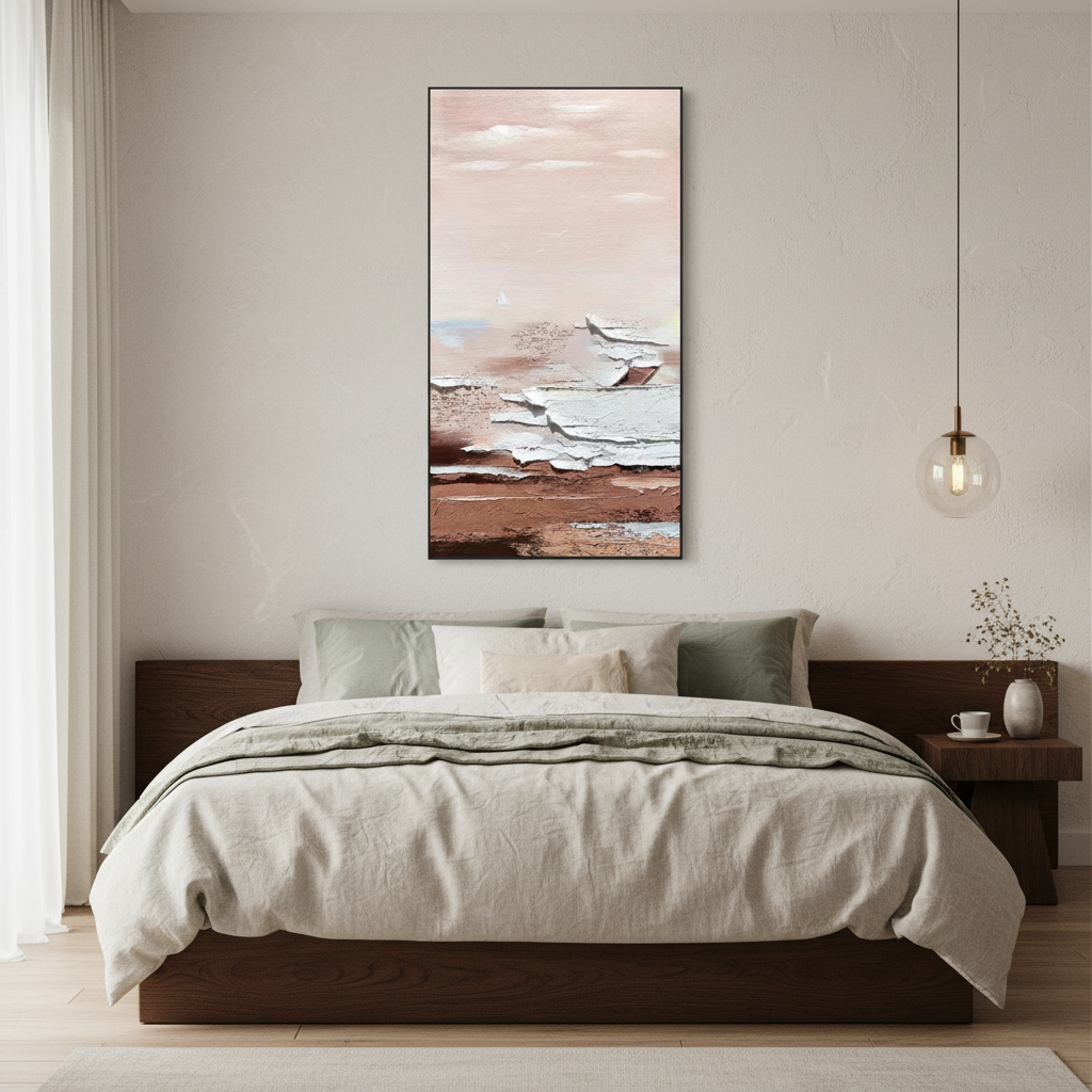 Abstract pink beige sky white ice slab brown earth oil painting in a Japandi bedroom