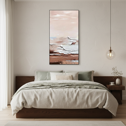 Abstract pink beige sky white ice slab brown earth oil painting in a Japandi bedroom