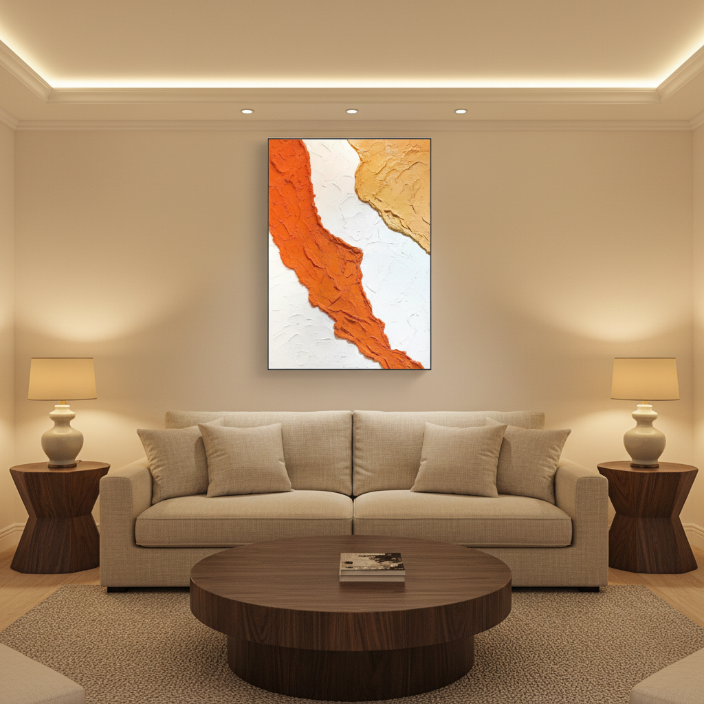 Abstract orange gold river oil painting in a warm modern living room