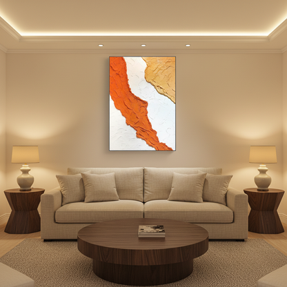 Abstract orange gold river oil painting in a warm modern living room