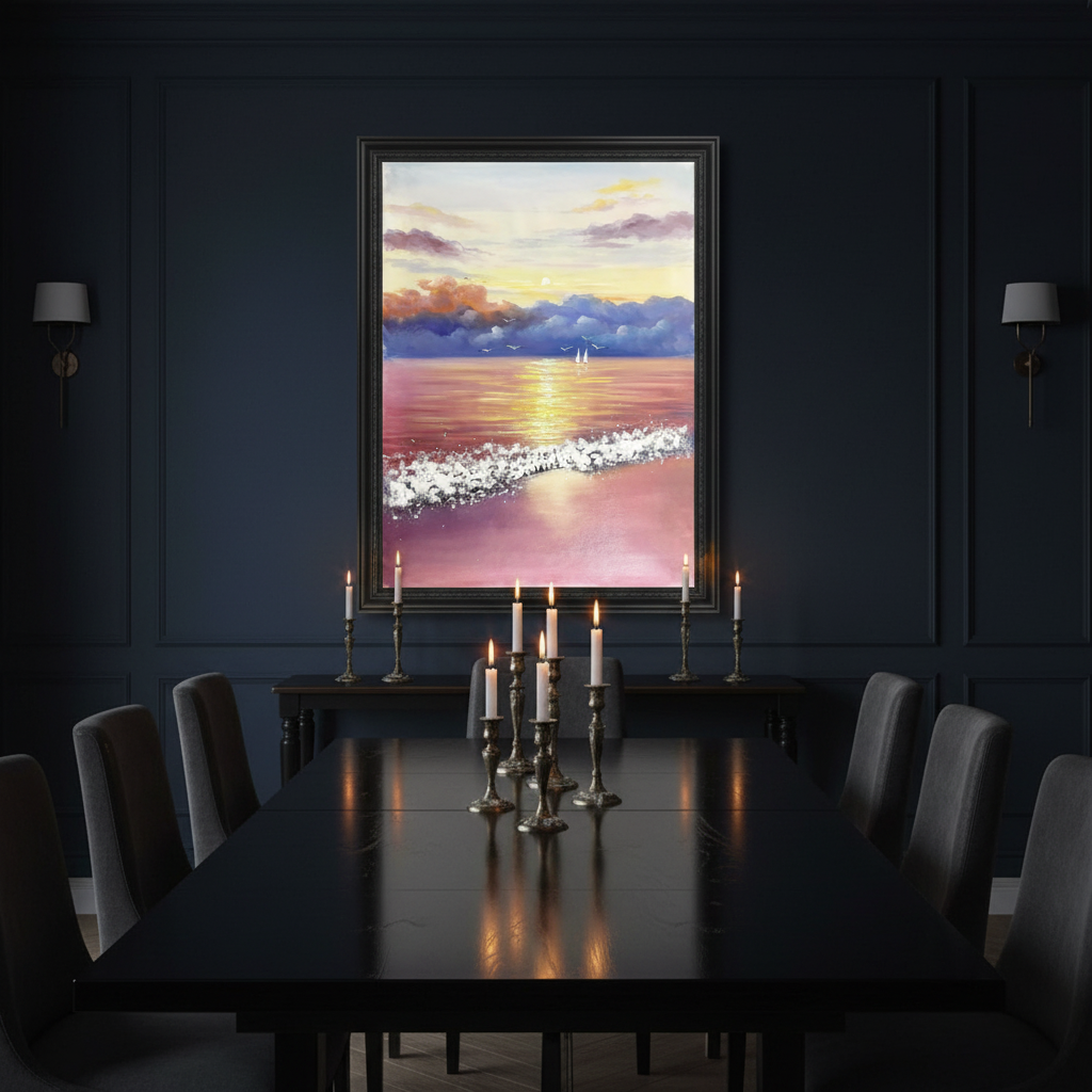 Dramatic sunset seascape oil painting in a dark moody dining room