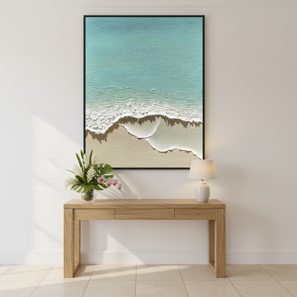 Turquoise ocean oil painting in an entryway foyer