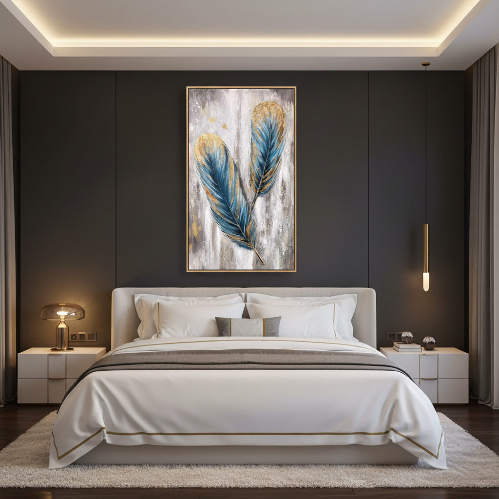 Teal blue gold feather duo oil painting in a luxurious dark bedroom