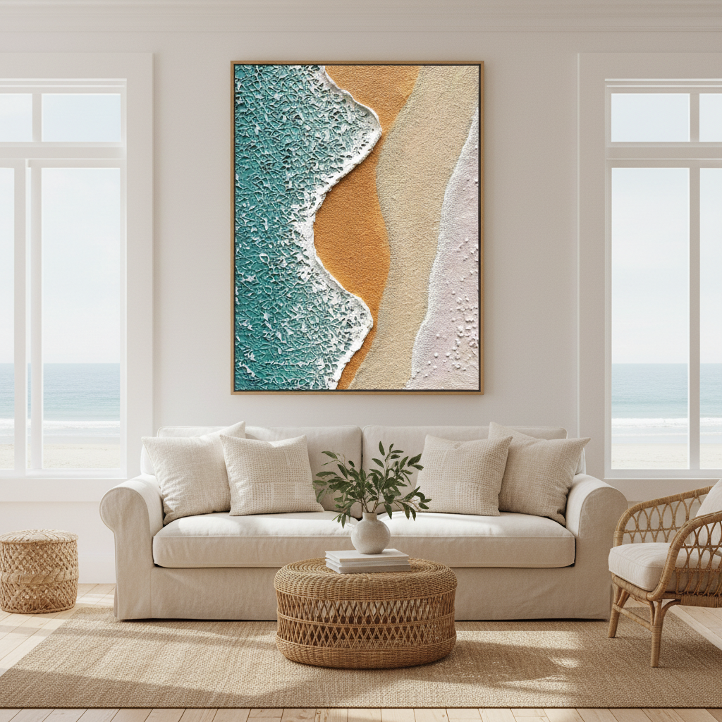 Dual wave beach oil painting in a coastal living room