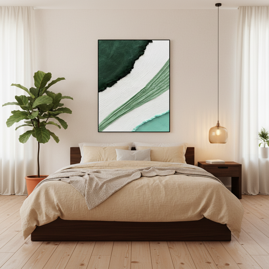 Abstract green sage mint arc oil painting in a Japandi bedroom