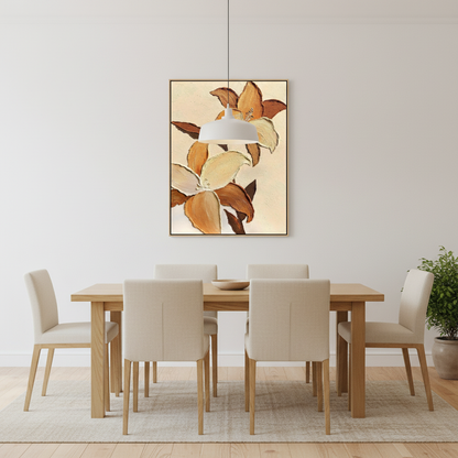 Caramel cream magnolia branch oil painting in a Scandinavian dining room