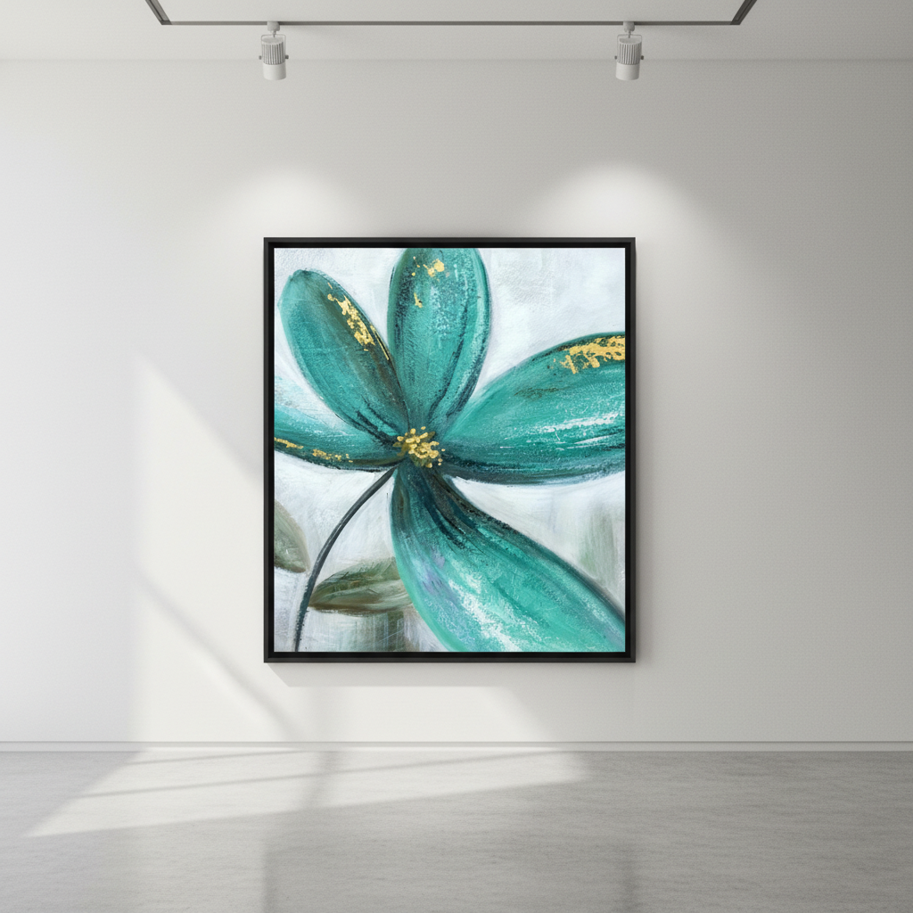 Teal peacock green flower gold accent oil painting in an art gallery