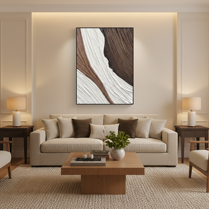 Abstract brown white canyon rock oil painting in a warm modern living room