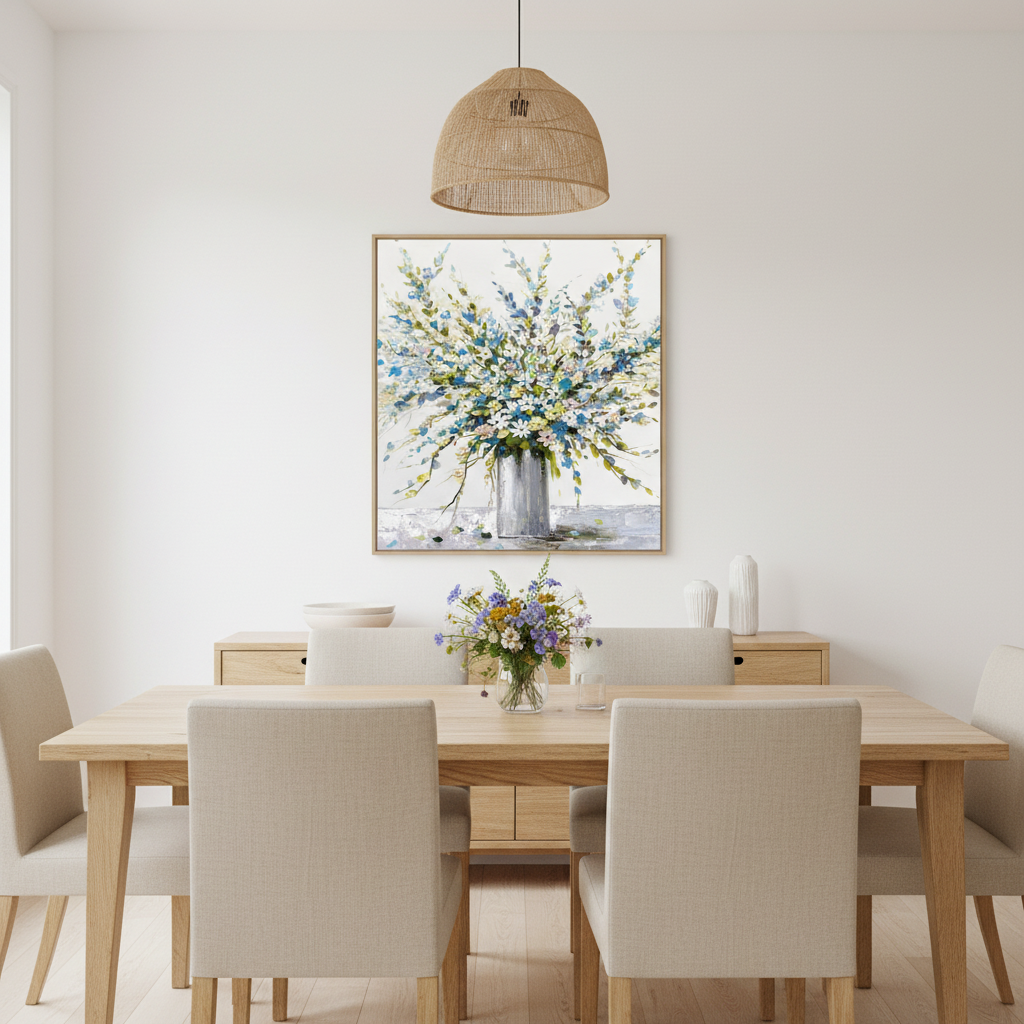 Blue white wildflower bouquet vase oil painting in a Scandinavian dining room