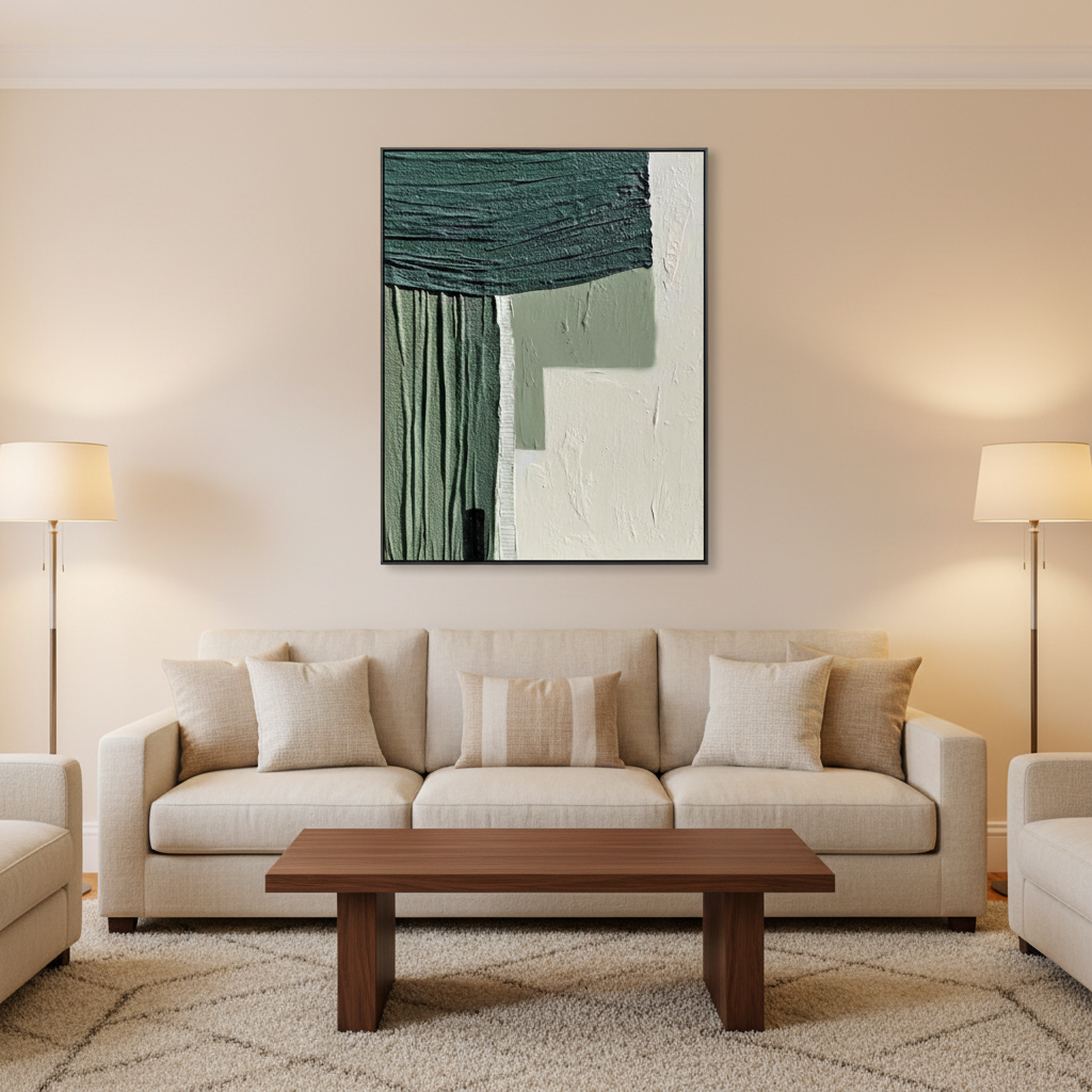 Abstract geometric green white oil painting in a warm modern living room