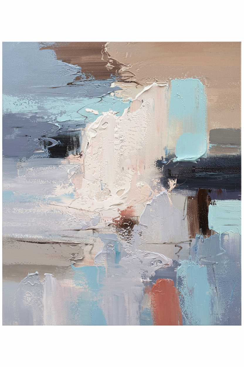 Abstract cream white sky blue navy coral geometric impasto oil painting no frame white background