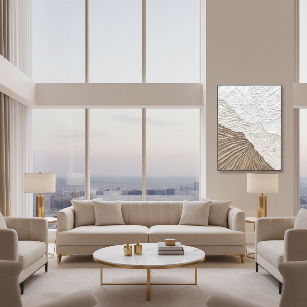 Abstract white sandy beige wave texture oil painting in a luxury modern living room