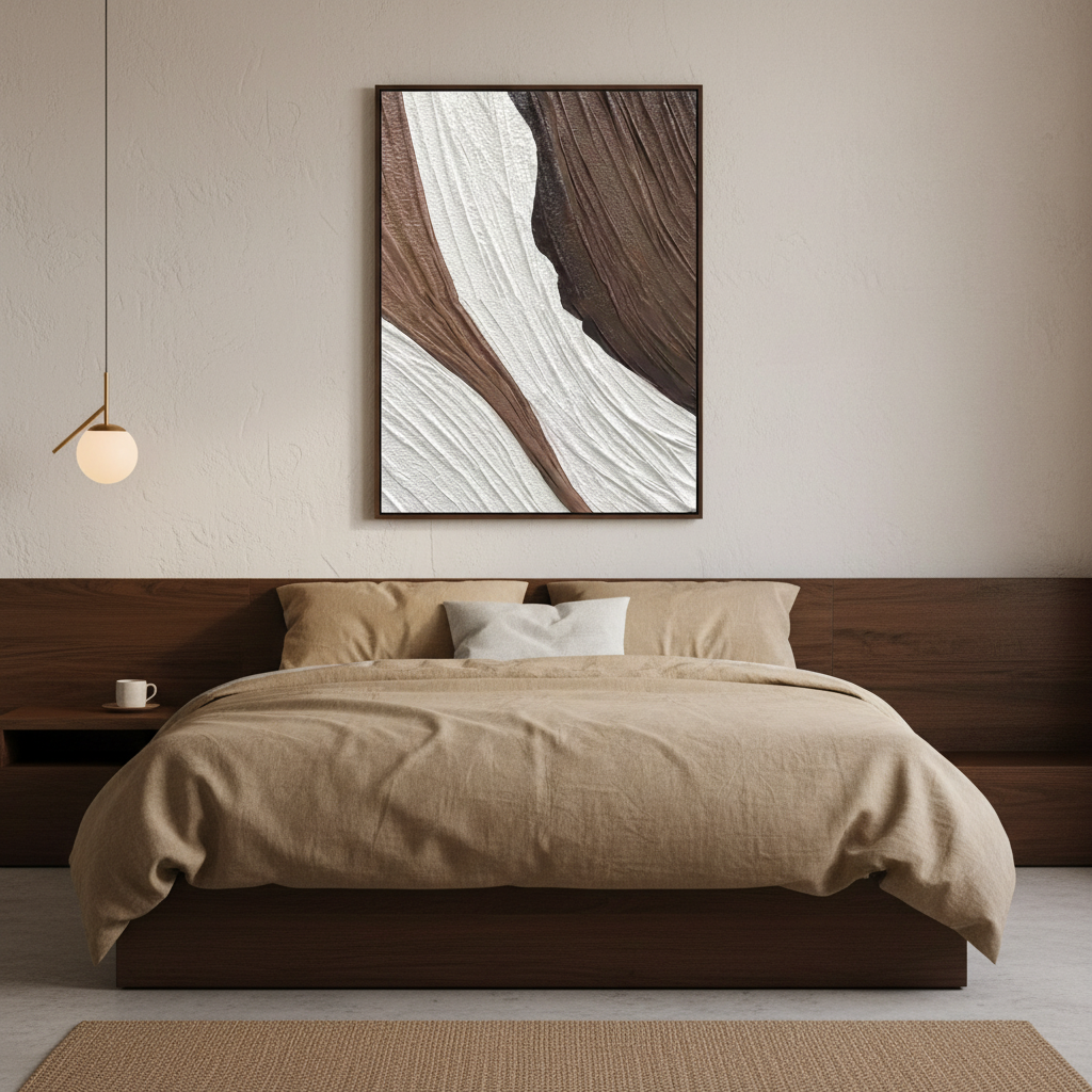 Abstract brown white canyon rock oil painting in a Japandi bedroom