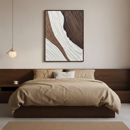 Abstract brown white canyon rock oil painting in a Japandi bedroom