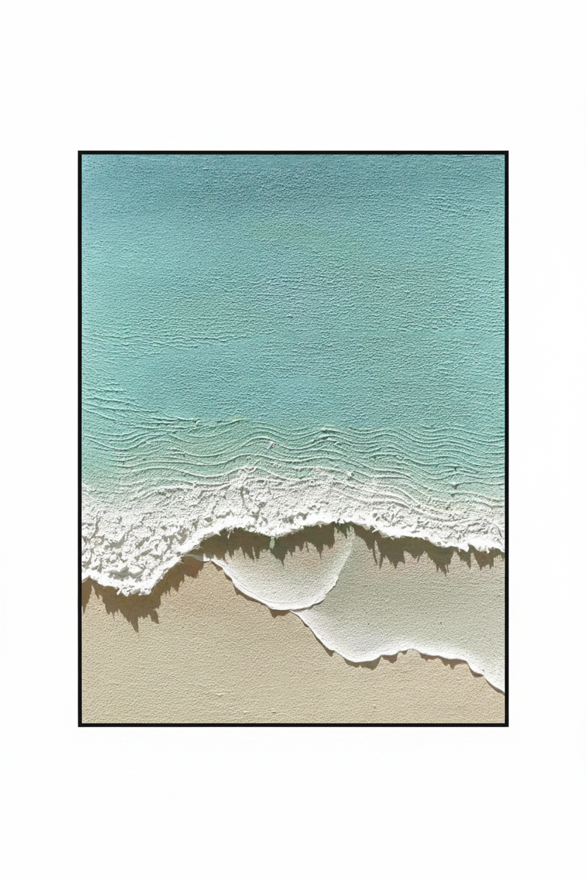 Turquoise shallow ocean aerial impasto oil painting no frame white background