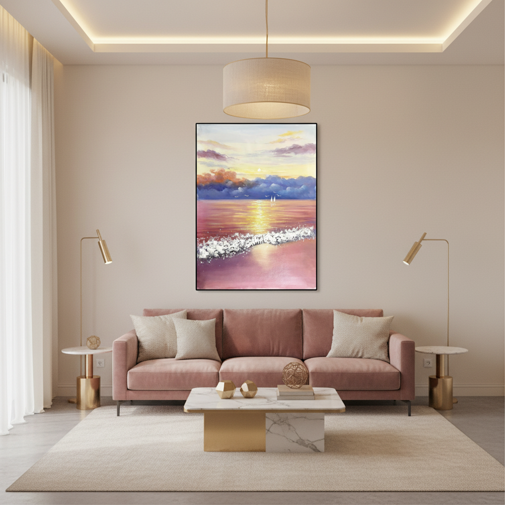 Dramatic sunset seascape oil painting in a rose gold modern living room