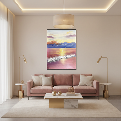 Dramatic sunset seascape oil painting in a rose gold modern living room