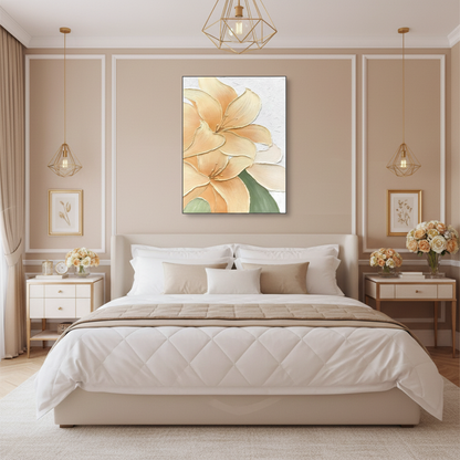 Champagne peach lily oil painting in a luxurious bedroom