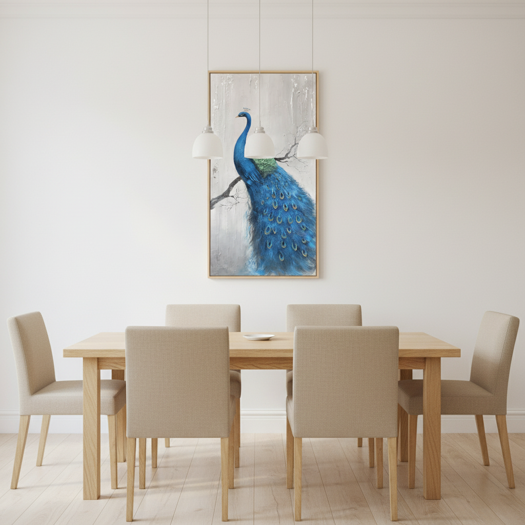 Blue peacock on branch oil painting in a Scandinavian dining room