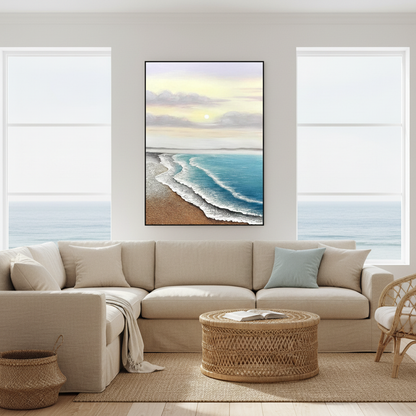 Sunrise beach oil painting in a coastal living room