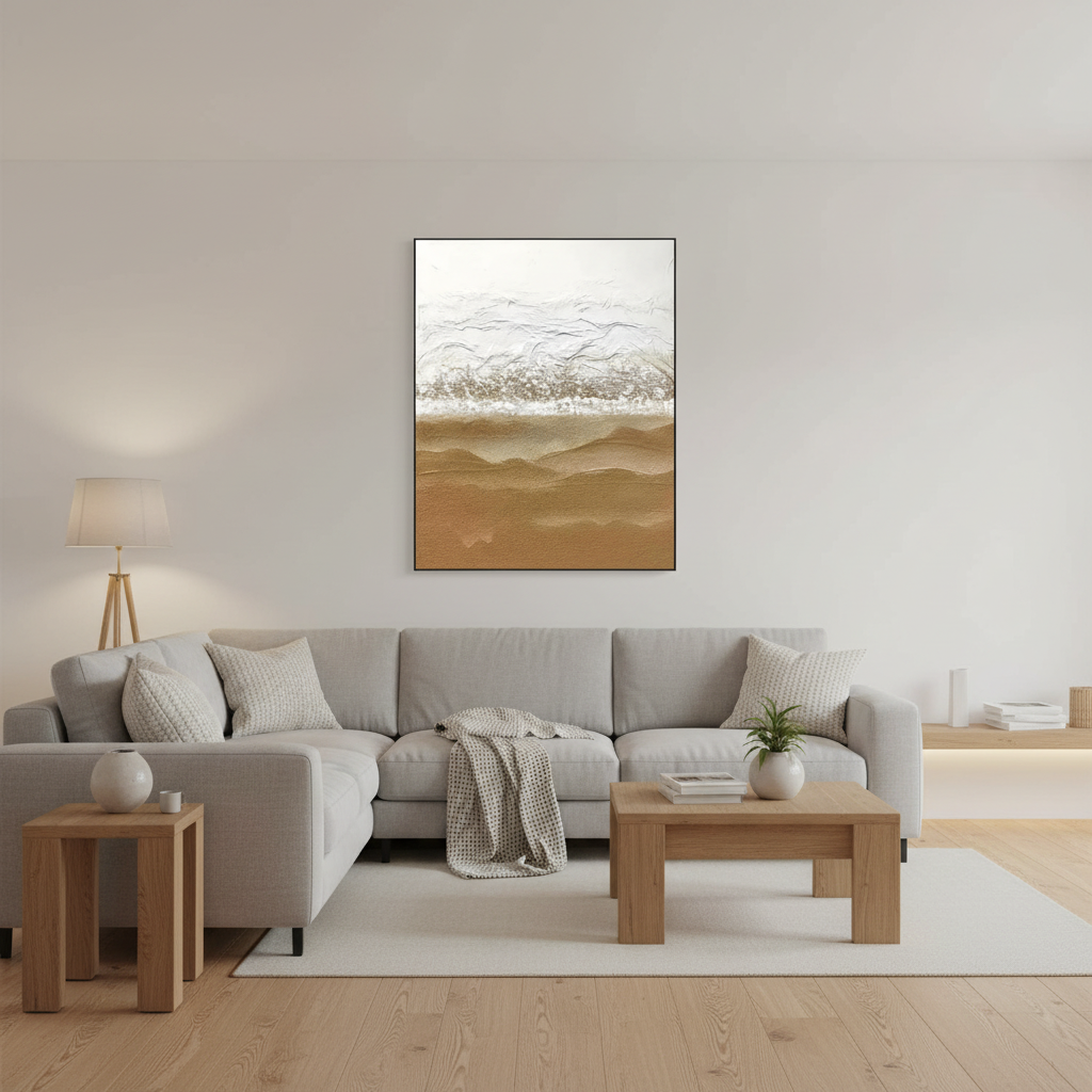Abstract white sandy gold desert dune oil painting in a Scandinavian living room