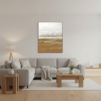 Abstract white sandy gold desert dune oil painting in a Scandinavian living room
