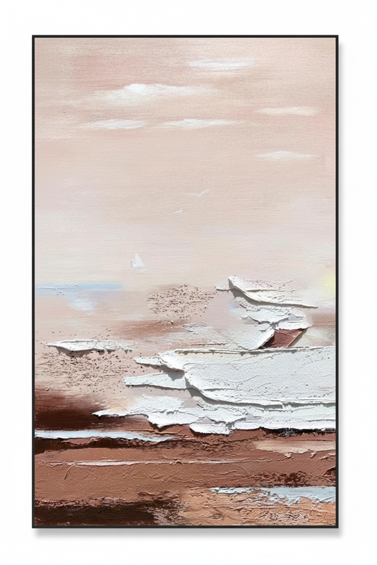 Abstract pink beige sky white ice slab brown red earth impasto oil painting no frame white background