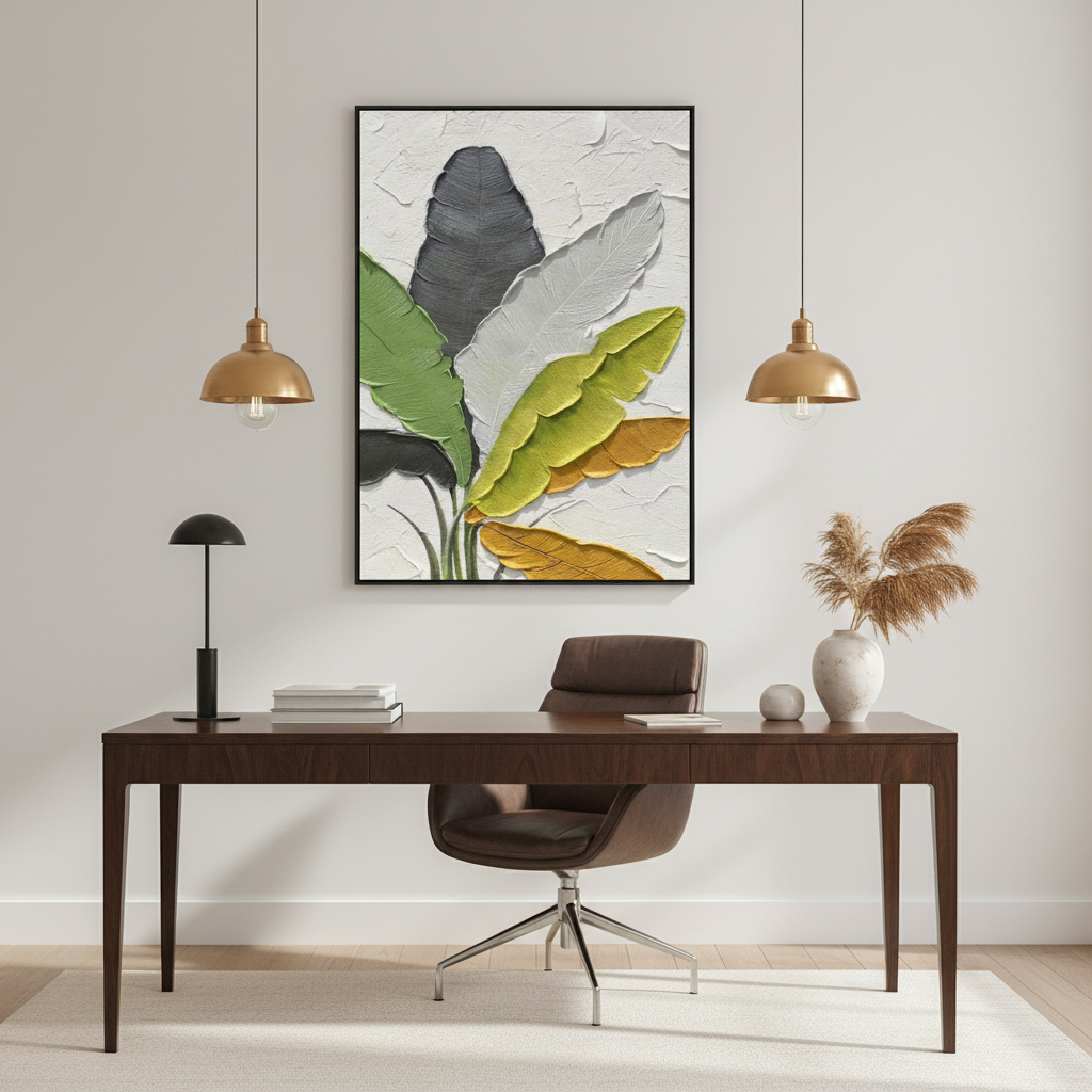 Multi-color tropical banana leaf oil painting in a contemporary home office