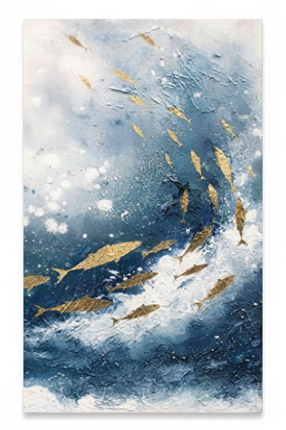Golden fish school deep ocean impasto oil painting no frame white background
