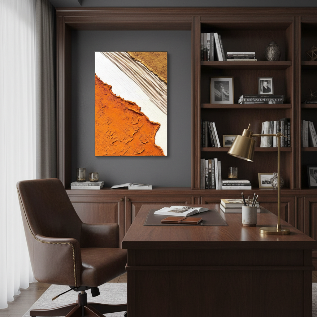 Abstract desert cut oil painting in a sophisticated home office