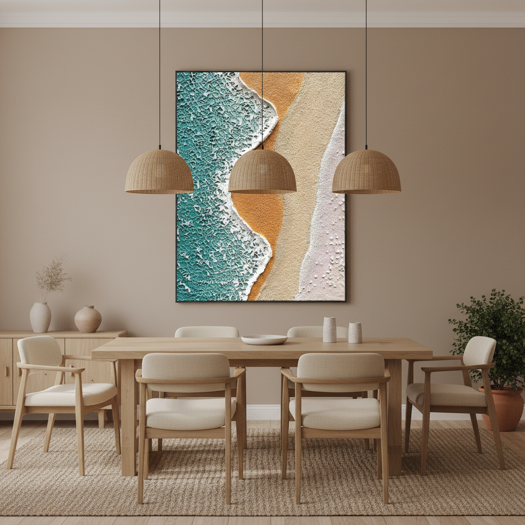 Dual wave beach oil painting in a Japandi dining room