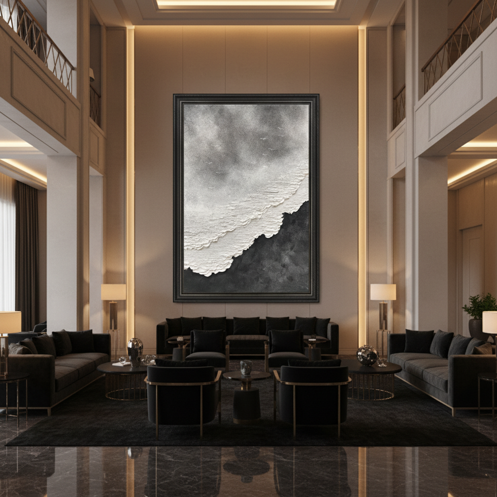 Dark abstract coastal oil painting in a luxury hotel lobby
