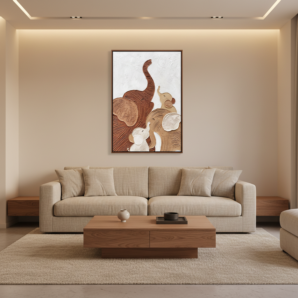 Three elephant family impasto oil painting in a warm modern living room