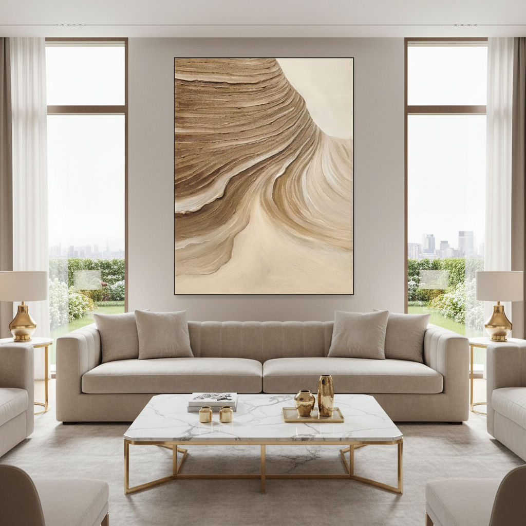 Abstract brown cream twin mesa strata oil painting in a luxury modern living room