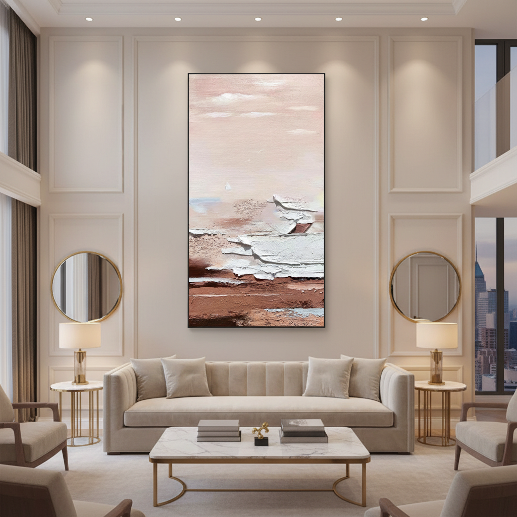 Abstract pink beige sky white ice slab brown earth oil painting in a luxury modern living room