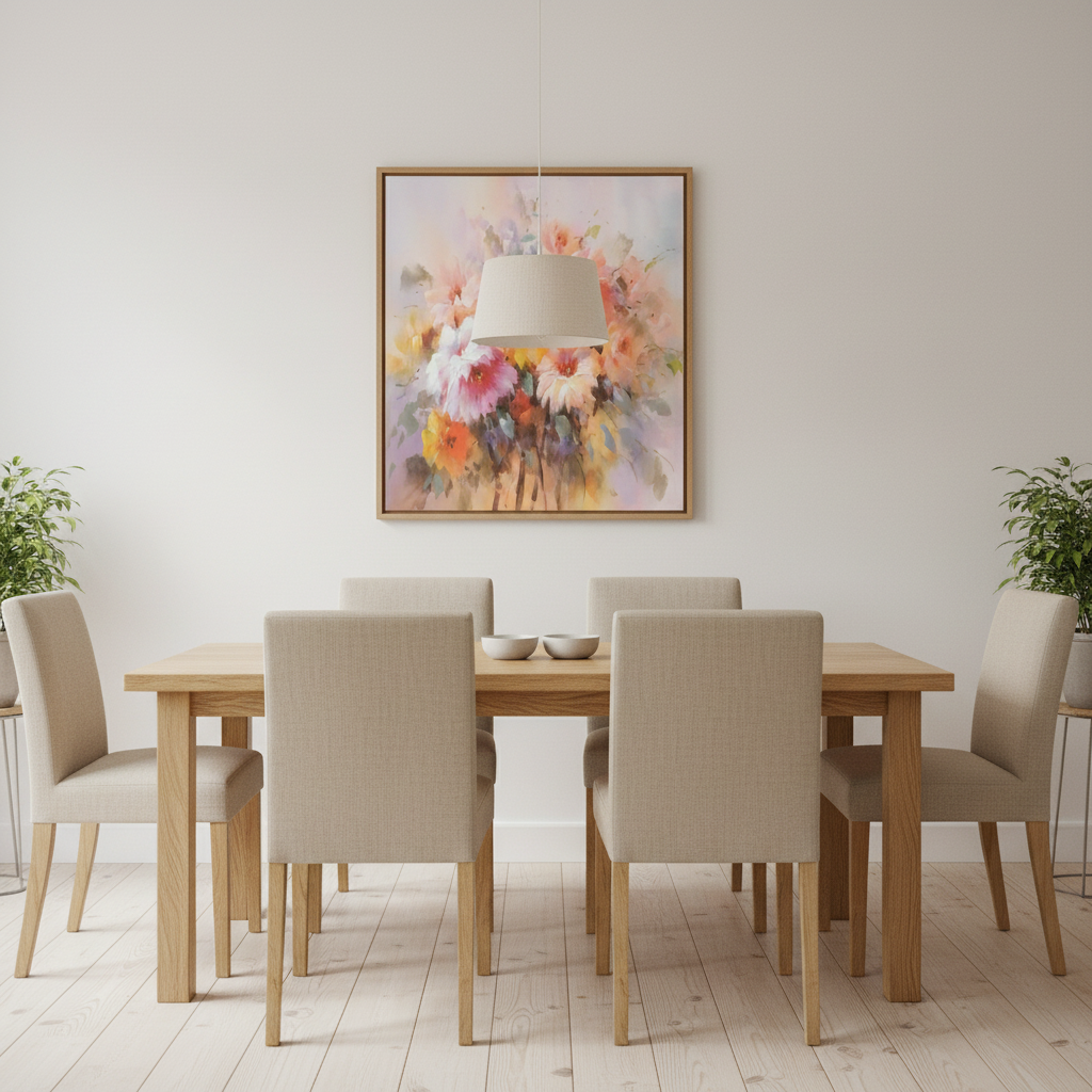 Soft impressionist mixed flower bouquet oil painting in a Scandinavian dining room