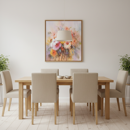 Soft impressionist mixed flower bouquet oil painting in a Scandinavian dining room