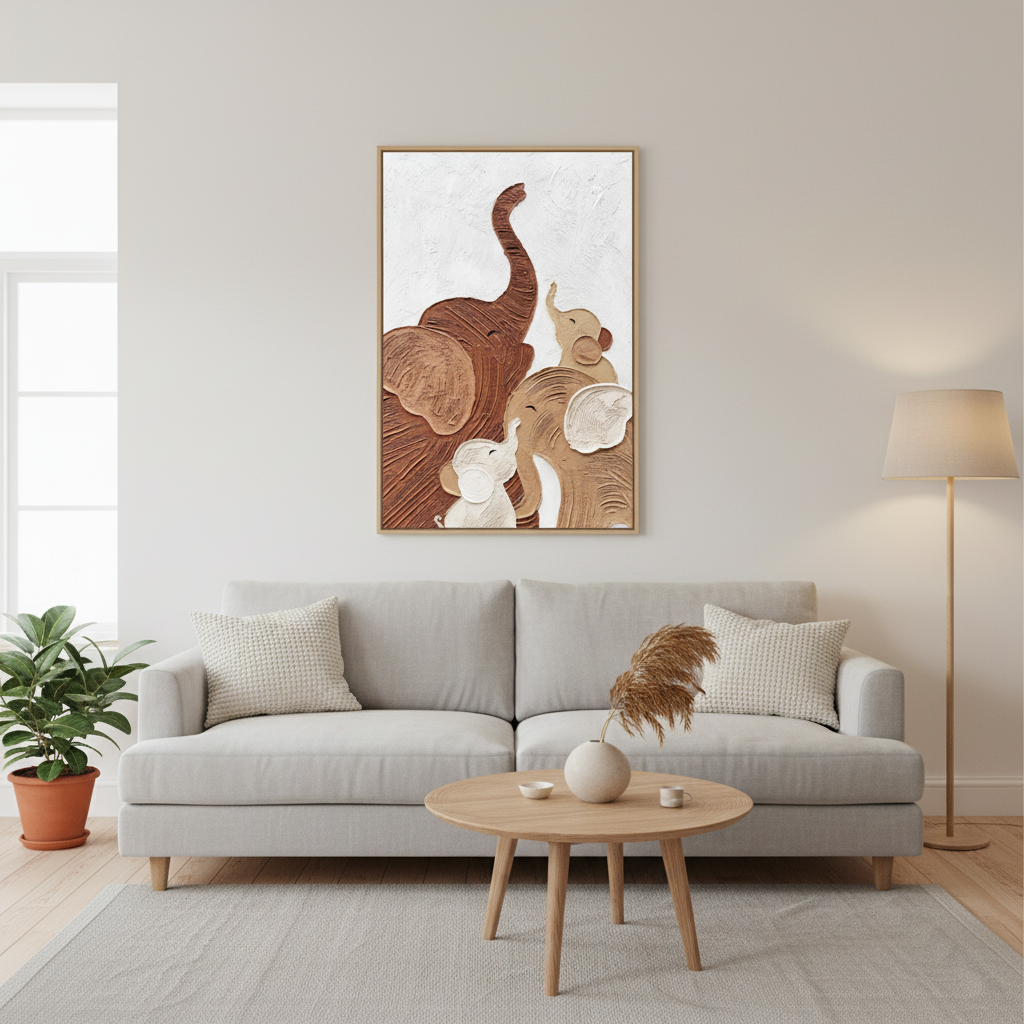 Three elephant family impasto oil painting in a Scandinavian living room
