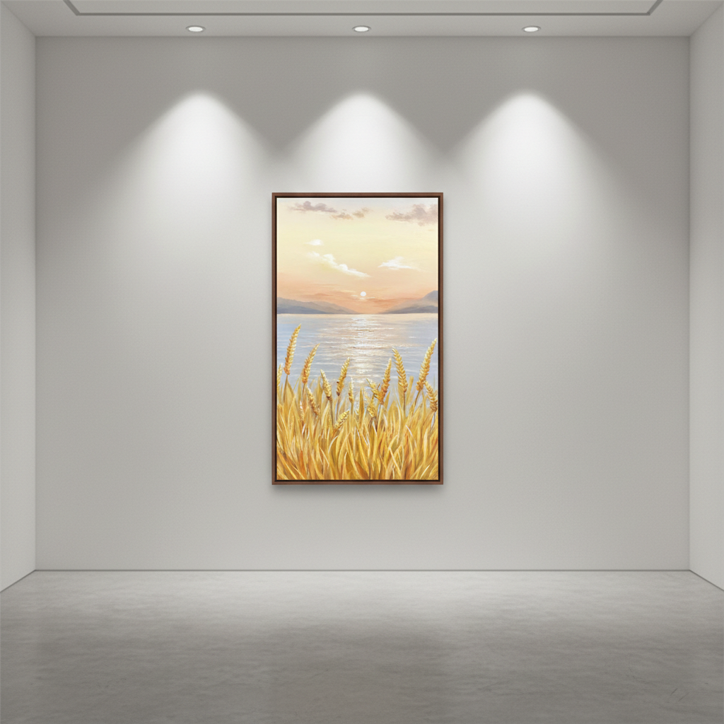 Golden reed lakeside sunset oil painting in an art gallery