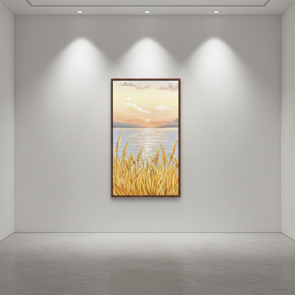 Golden reed lakeside sunset oil painting in an art gallery